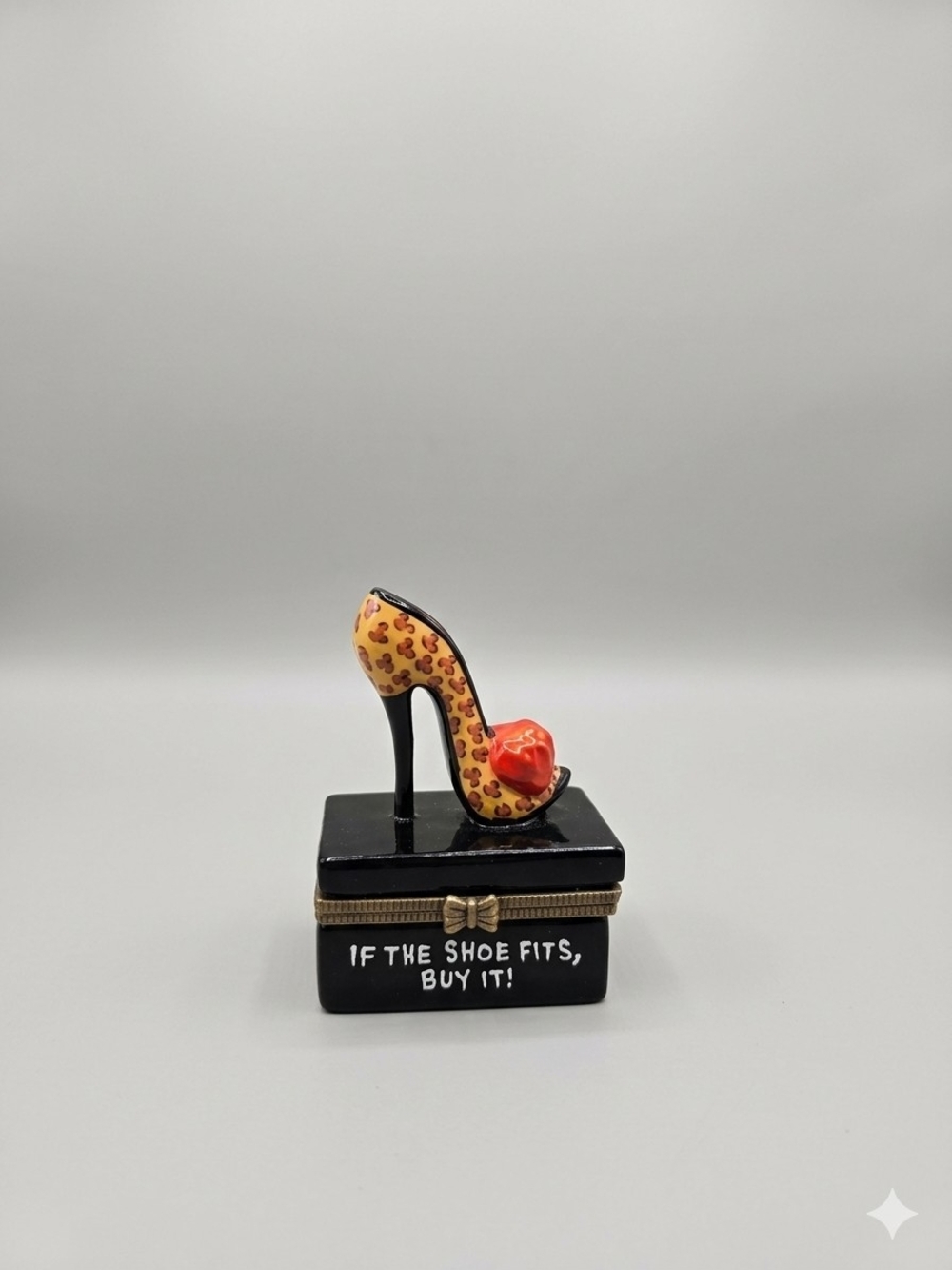 High Heel Decorative Trinket Box - Yellow Leopard with Red Accent